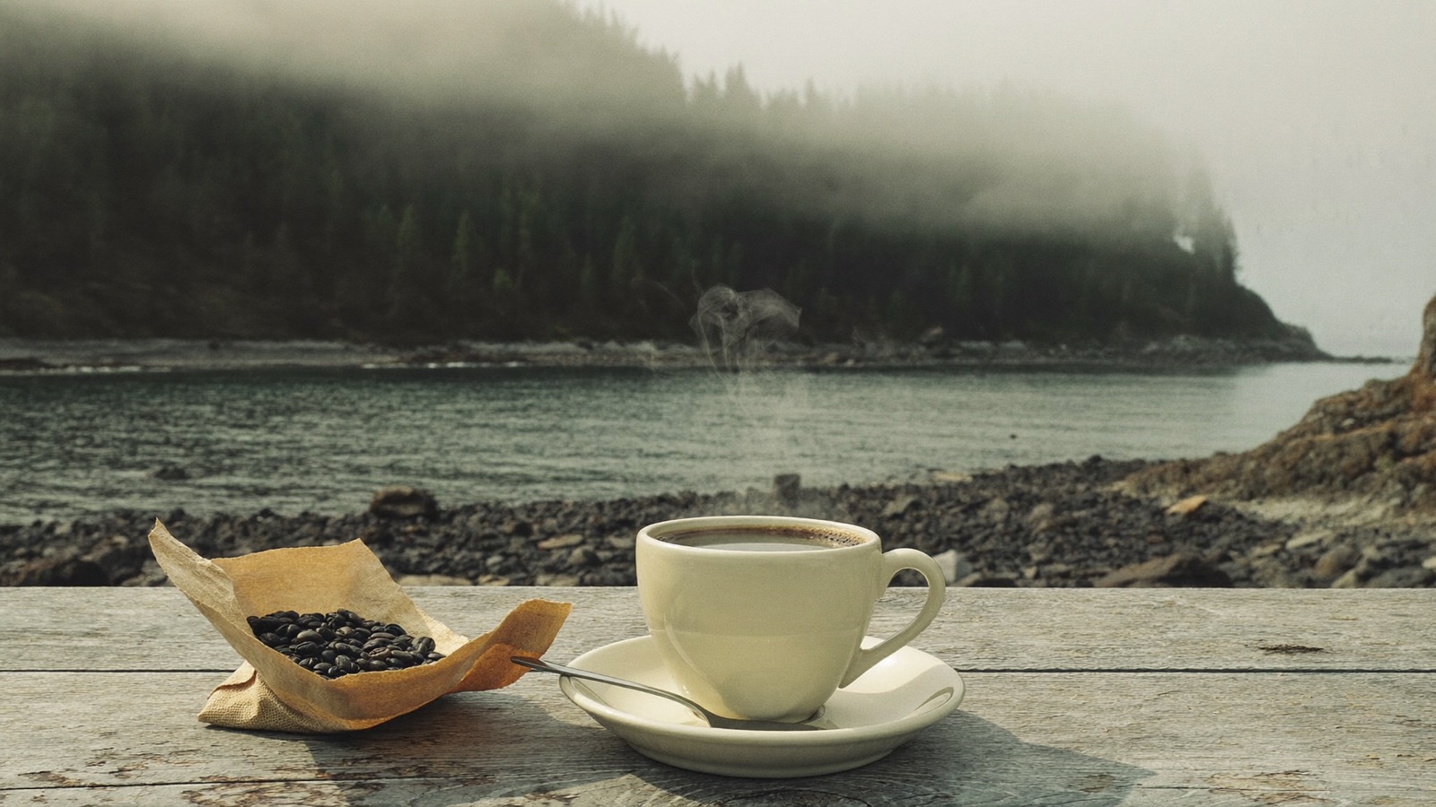 A cup of coffee resting on weathered driftwood, with a foggy coastline and treeline fading into the distance behind it